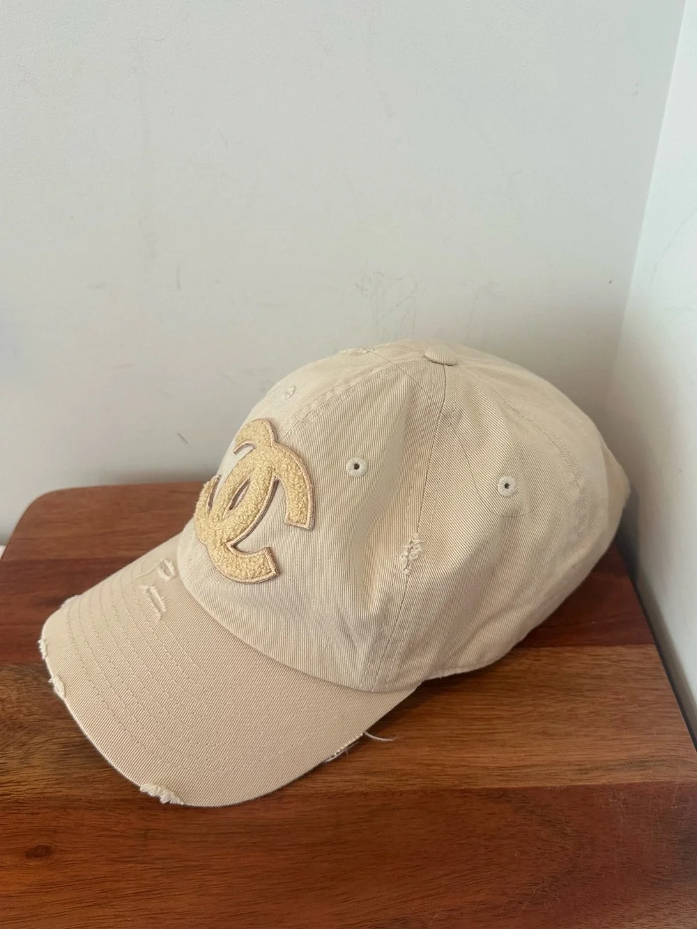 Designer Inspired Distressed Cream Baseball Cap with Textured Patch